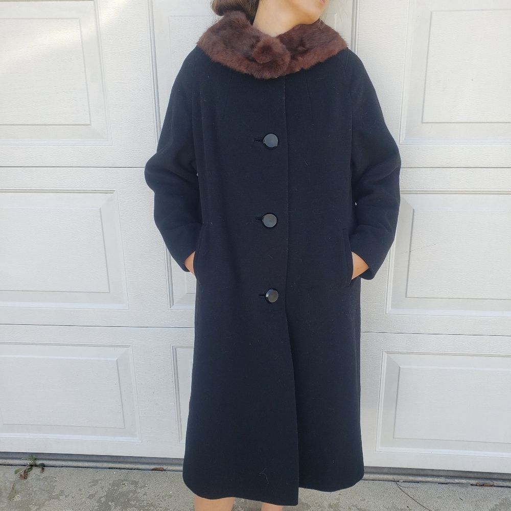 Vintage Midcentury MCM Black Wool Mink Fur Collar Full Length Dress Over Coat